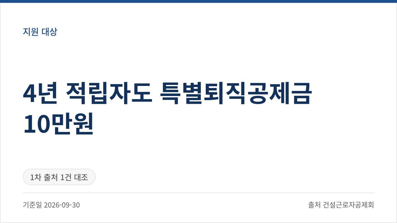 4년 적립자도 특별퇴직공제금 10만원 (기준일 2026-09-30, 출처 건설근로자공제회)