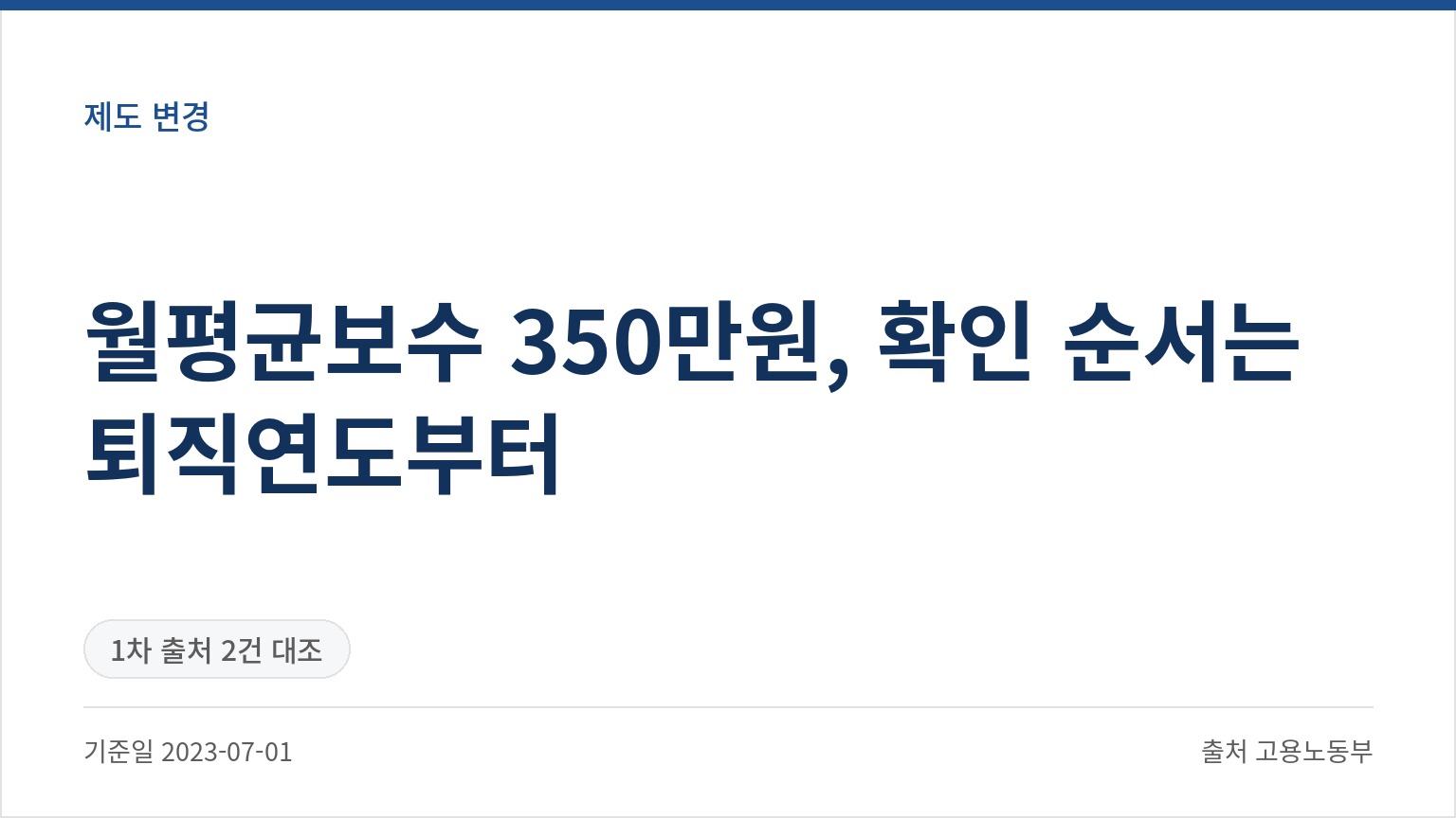 월평균보수 350만원, 확인 순서는 퇴직연도부터 (기준일 2023-07-01, 출처 고용노동부)